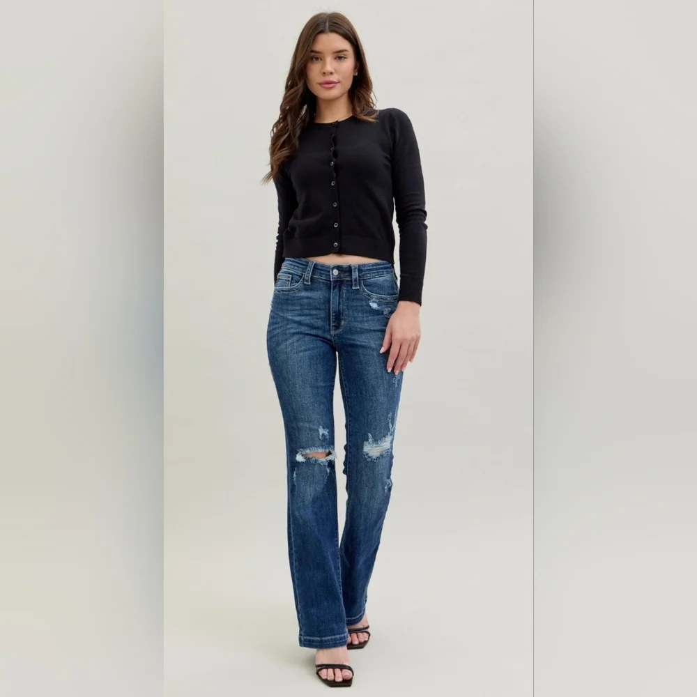Judy Blue Mid Rise Dark Wash Hand Sand Distressed Bootcut Denim Jeans 13/31 NEW - Picture 1 of 16